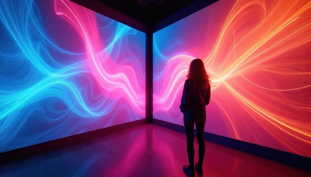 Woman gazes at bright digital screens in gallery. Abstract glowing lines on walls. Modern art installation, futuristic ambiance, immersive experience.