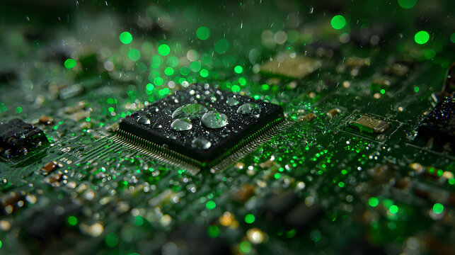 Eco-friendly green cooling mist on a running server microprocessor