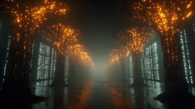 Glowing mycelium network of binary code connecting computer servers