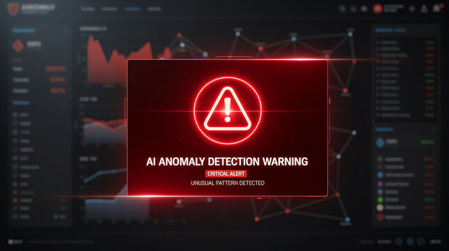 A red alert warning of AI anomaly detection appears over a data analysis dashboard with graphs and connected nodes indicating unusual pattern detection.
