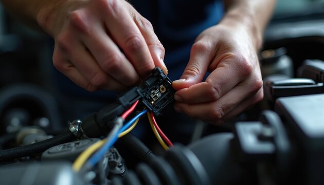 Close up hands connect wire harness inside car engine bay. Auto technician works on vehicle repair. Electric car maintenance wiring systems. Mechanic job at auto shop.