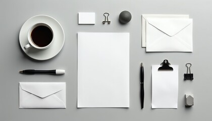 Naklejka premium Flat lay of clean stationery items on gray desk. Blank paper, envelope, pen, coffee cup, business card and clips arranged for mockup or branding presentation.