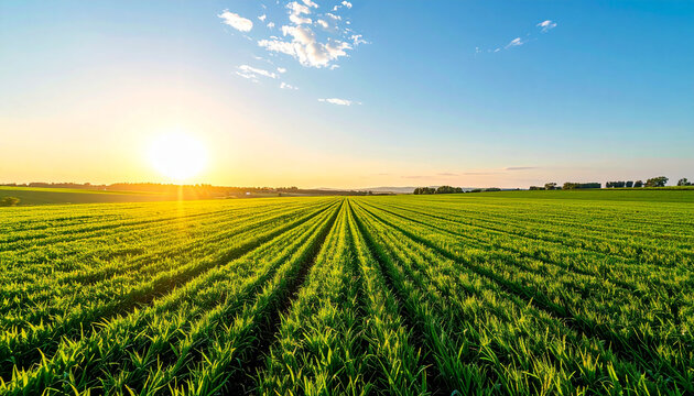 Beautiful golden hour landscape, expansive green plantation field stretching to the horizon under a clear bright blue sky, warm golden sunlight