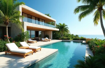 Obraz premium Modern villa with infinity pool and ocean view. Tropical landscaping surrounds luxury home. Relaxing chaise lounges invite guests to enjoy sunny day at poolside resort.
