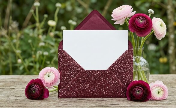 Burgundy Glitter Envelope with White Card and Pink Ranunculus Flowers on Wooden Table for Wedding Invitation