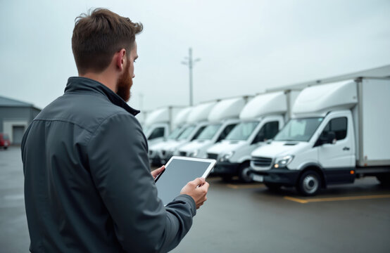 Man with tablet checks white cargo vans parked in rows outdoors. Fleet manager oversees logistics and vehicle inventory for business transport and delivery operations.
