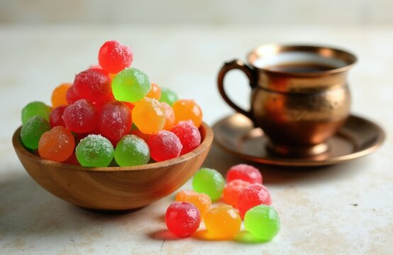 Colorful akide candies piled in wood bowl beside Turkish coffee cup. Traditional sweet treat served with hot beverage in rustic setting. Festive dessert for holidays.