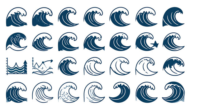Ocean Tide Icon Set. Solid, filled icon set of ocean tides: high tide, low tide, tidal wave, beach line, tide chart, wave arrows,