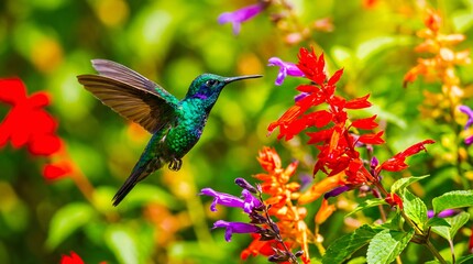 Fototapeta premium Iridescent Hummingbird Hovering by Colorful Garden Flowers