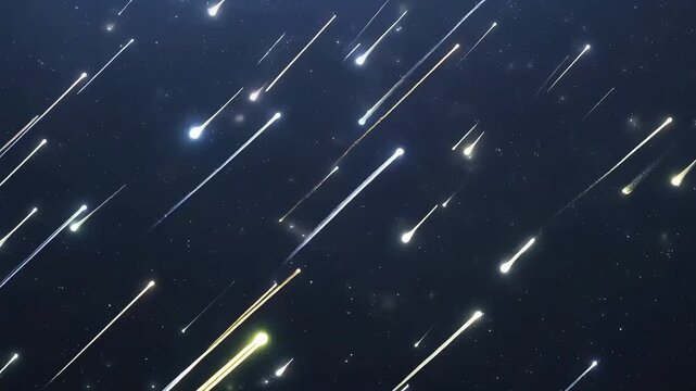 A stunning display of numerous meteor streaks with glowing tails across a dark night sky, some brighter and longer, creating a dynamic celestial scene