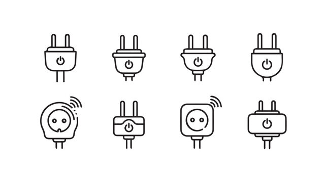 Electrical plugs and sockets with Wi-Fi icons in a clean line art style signifying smart home connectivity