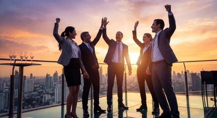 Fototapeta na wymiar Diverse Business Team Celebrating Success on a Rooftop at Sunset