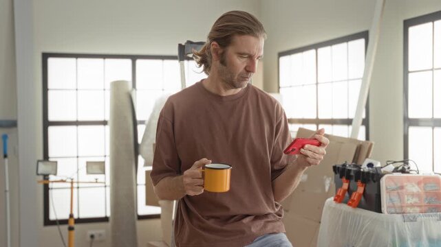 Man sipping coffee and checking a red smartphone among ladders, clamps, boxes and tools in a building under renovation; quiet contemplation.