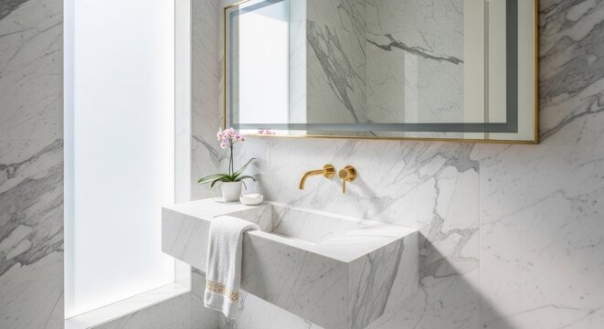Elegant bathroom vanity area features luxurious natural stone surfaces and modern fixtures