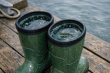 Naklejka premium A pair of green rain boots sitting on a dock, ready for an adventure