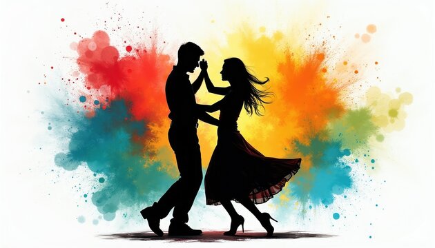 Couple dances energetically against abstract colorful paint splashes. Their silhouettes express movement and passion, celebrating vibrant joy. Dynamic art depicts partnership and lively expression.