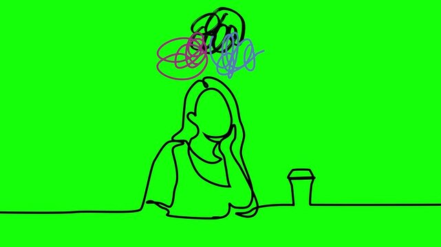 Woman sits at table with coffee cup nearby. Head is surrounded by colorful, swirling thoughts. Emotion shows deep concentration or creative chaos