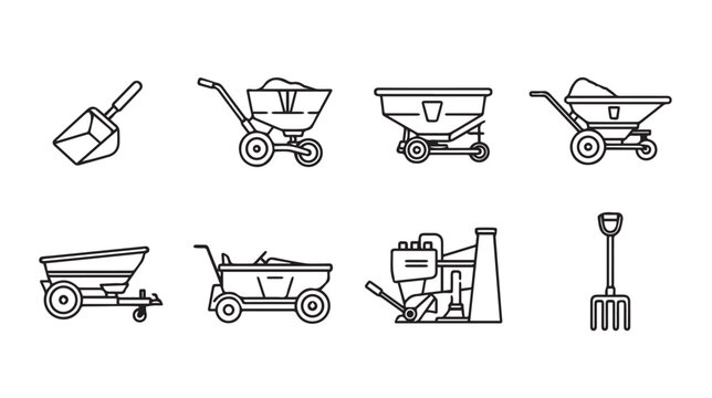 Fertilizer spreaders and garden tools collection on white background vector illustration