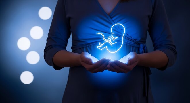 Glowing neon fetus hologram over pregnant woman's hands medical technology concept
