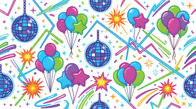Colorful Party Seamless Pattern with Balloons, Disco Balls, and Festive Elements for Celebration, Birthday, and Event Designs