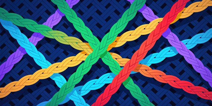 Multiple colored braids intersecting over a vibrant blue intricate woven grid pattern forming a dynamic and textured visual display with varied design repetition.