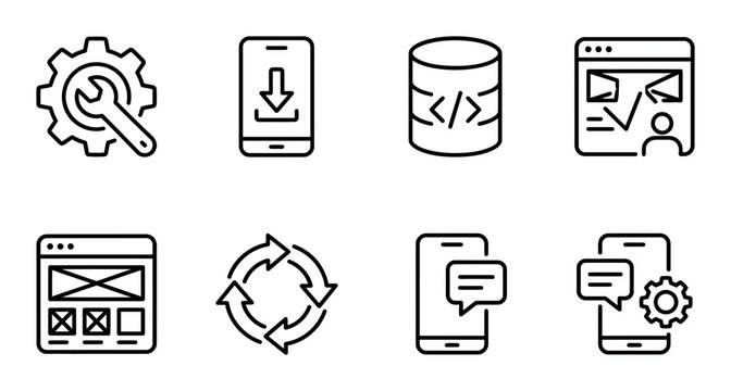 Modern software development line icons, set of 8 web programming vector symbols, mobile app coding and database management outline graphics