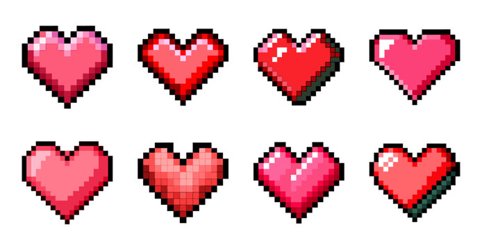 Pixel Heart Icons Retro Game Illustration Set - Collection of colorful pixelated heart icons inspired by retro video games, representing health, love, and arcade gaming concepts.