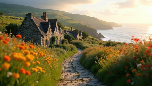 Stone cottages line a path through wildflower fields. Overlooking ocean cliffs and rolling green hills. Sunny sky with soft clouds at golden hour.