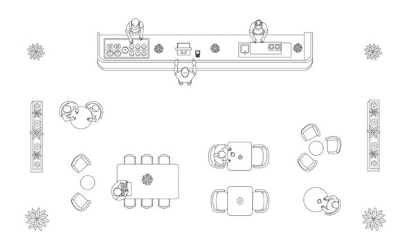 Cafe interior floor plan top view with furniture layout, bar counter, seating arrangement and people, architectural line drawing in clean minimal vector illustration
