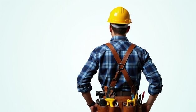 Worker with yellow hard hat and tool belt stands facing away. Blue checkered shirt and brown leather suspenders complete his attire for building. Ready for job.