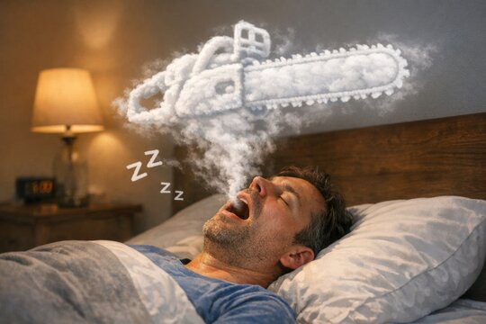 A person lying in bed with a chainsaw hovering above their head, conveying a sense of unease and fear