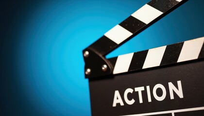 Fototapeta premium Close-up of film clapperboard with word ACTION clearly visible. Black, white sticks positioned to mark start of scene. Iconic cinema tool indicates filming about to commence, signifying production
