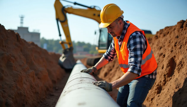 Construction worker in hard hat and safety vest aligns large pipe in trench. Excavator machine operates nearby on urban site. Manual labor involved in civil engineering project.