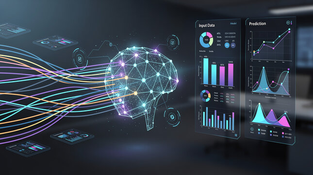 A digital brain with neural connections visualizes data analytics and predictive graphs on futuristic transparent screens.