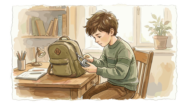 Boy practicing using a combination lock at home, soft watercolor vector illustration, delicate hand-drawn ink outlines, subtle