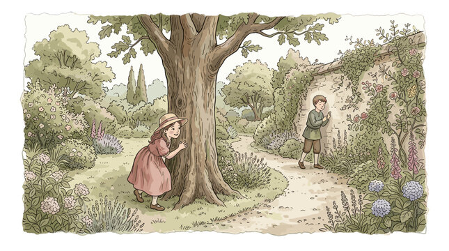 Brother and sister playing hide and seek in large garden, soft watercolor vector illustration, delicate hand-drawn ink outlines,