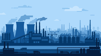 Obraz premium A detailed blue-toned illustration of a vast industrial complex with factories, power plants, smokestacks emitting smoke, and storage tanks by a body of water.