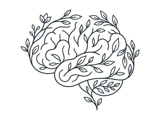 Fototapeta premium Line art illustration of a human brain intertwined with growing plant branches and leaves, symbolizing mental growth and natural connection.