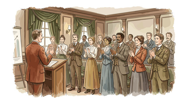 Colleagues giving standing ovation at end of successful presentation, soft watercolor vector illustration, delicate hand-drawn ink