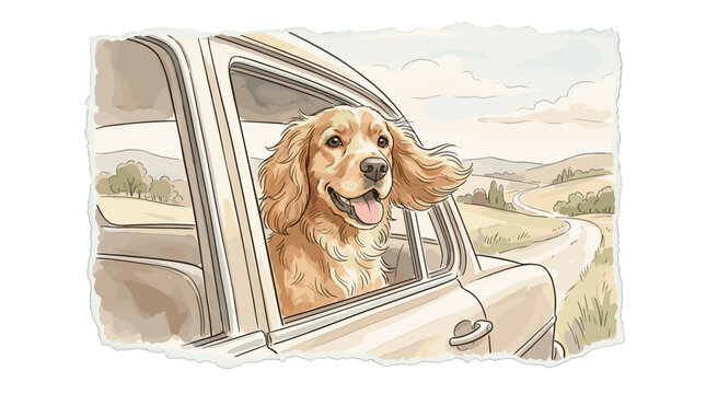 Dog sticking head out of car window during drive, soft watercolor vector illustration, delicate hand-drawn ink outlines, subtle
