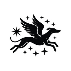 Fototapeta premium Winged greyhound silhouette with stars black on white background