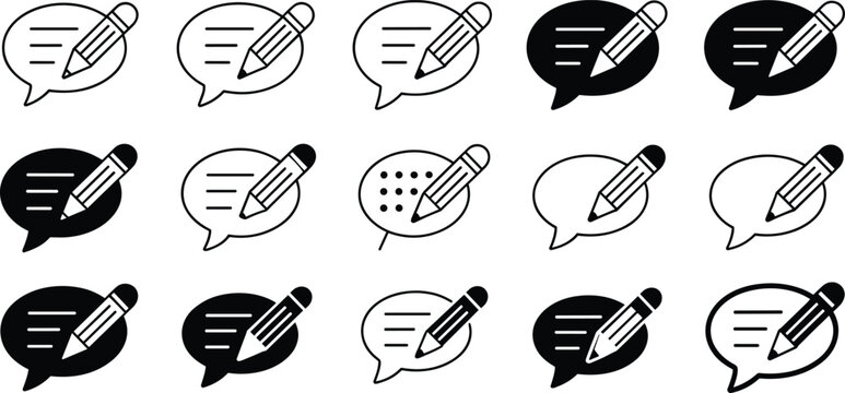 Speech Bubble and Pencil Icon Set with Chat Messaging Comment and Editing Vector Symbols Collection