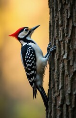 Fototapeta premium Great spotted woodpecker clings to bark on tree trunk. Bird has black white red feathers. Focus on wild animal nature habitat. Colorful background blurred bokeh.