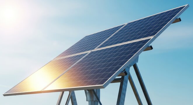 Moderno pannello solare monocristallino installato su un supporto metallico robusto sotto il sole per produrre energia pulita e rinnovabile, silicon, hardware, innovative