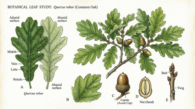 Detailed Botanical Illustration of Oak Leaves and Acorns.