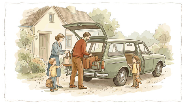Family loading suitcases into car trunk for weekend trip, soft watercolor vector illustration, delicate hand-drawn ink outlines,