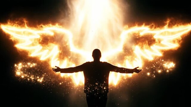 Man with Fiery Angel Wings Ascending in Divine Light.