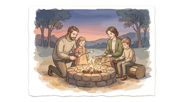 Family roasting marshmallows over stone fire pit at dusk, soft watercolor vector illustration, delicate hand-drawn ink outlines,