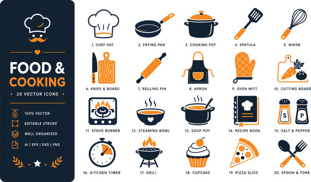 Food and cooking icon set with 20 kitchen and food graphics gastronomy restaurant ingredient illustration