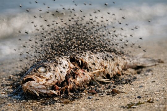 A deceased fish lying on the shore, surrounded by flies